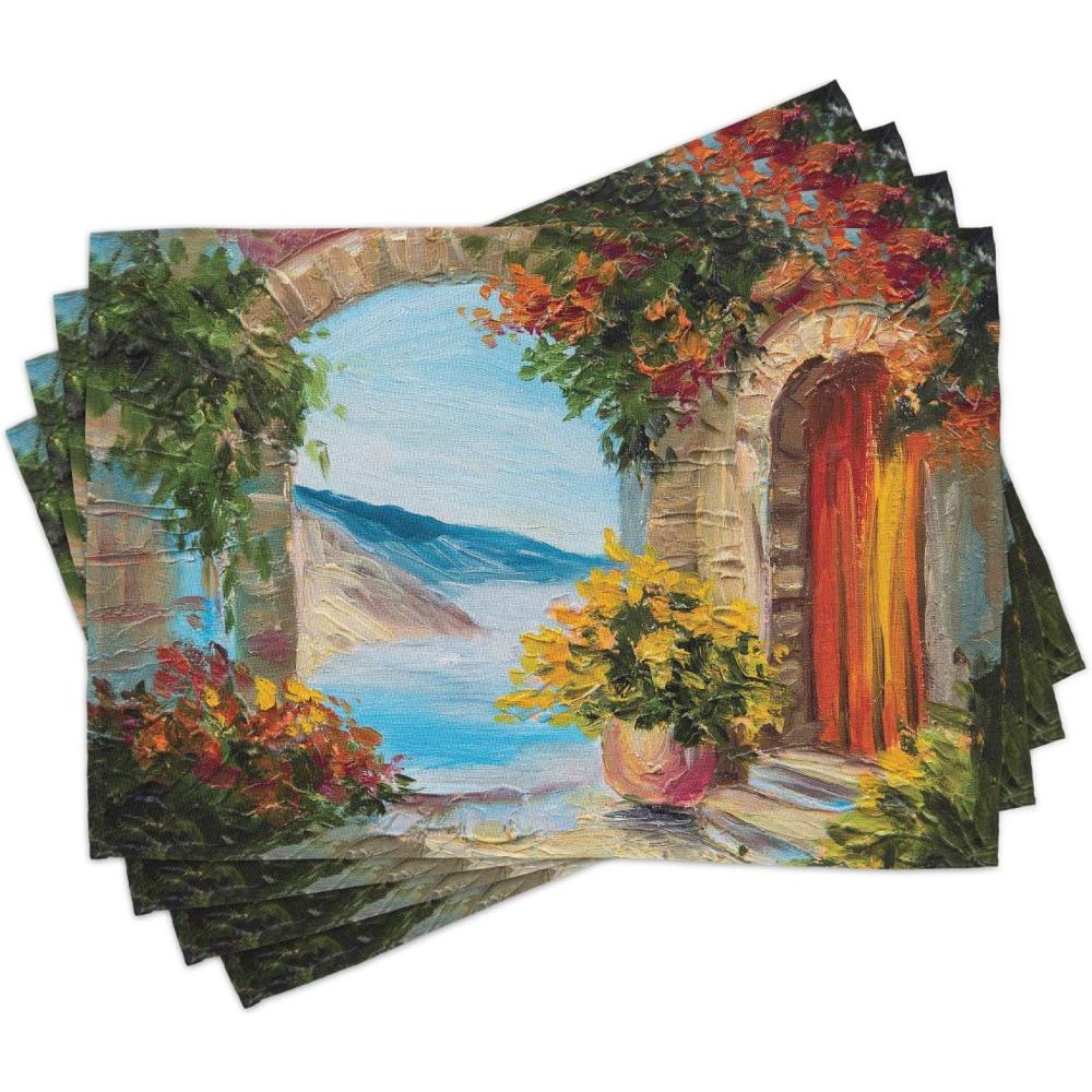 imageAmbesonne Romantic Place Mats Set of 4 View from Italian Old Stone House Hills Painting Style Look Vine Leaves Flower Washable Fabric Placemats for Dining Table Standard Size Multicolor