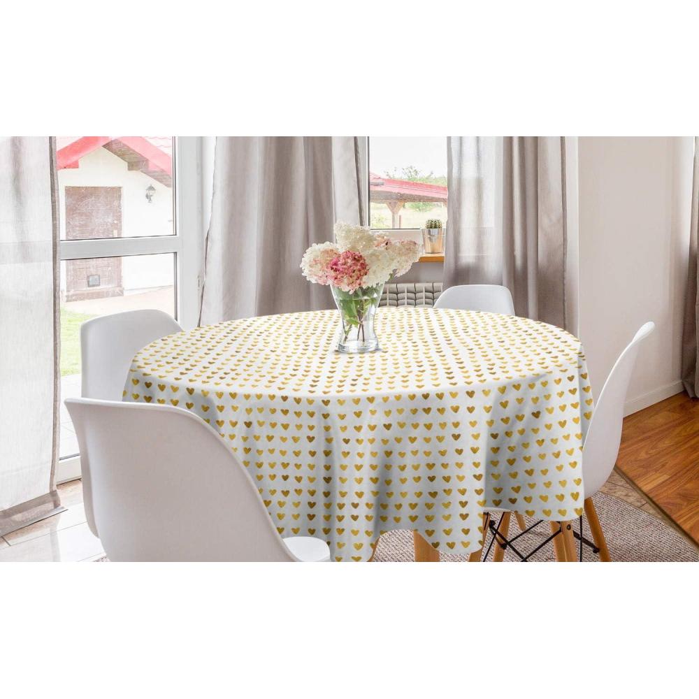 imageAmbesonne Romantic Round Tablecloth Watercolor Golden Yellow Toned Hearts Lovers Valentines Day Design Pattern Circle Table Cloth Cover for Dining Room Kitchen Decoration 60 Pale Coffee White