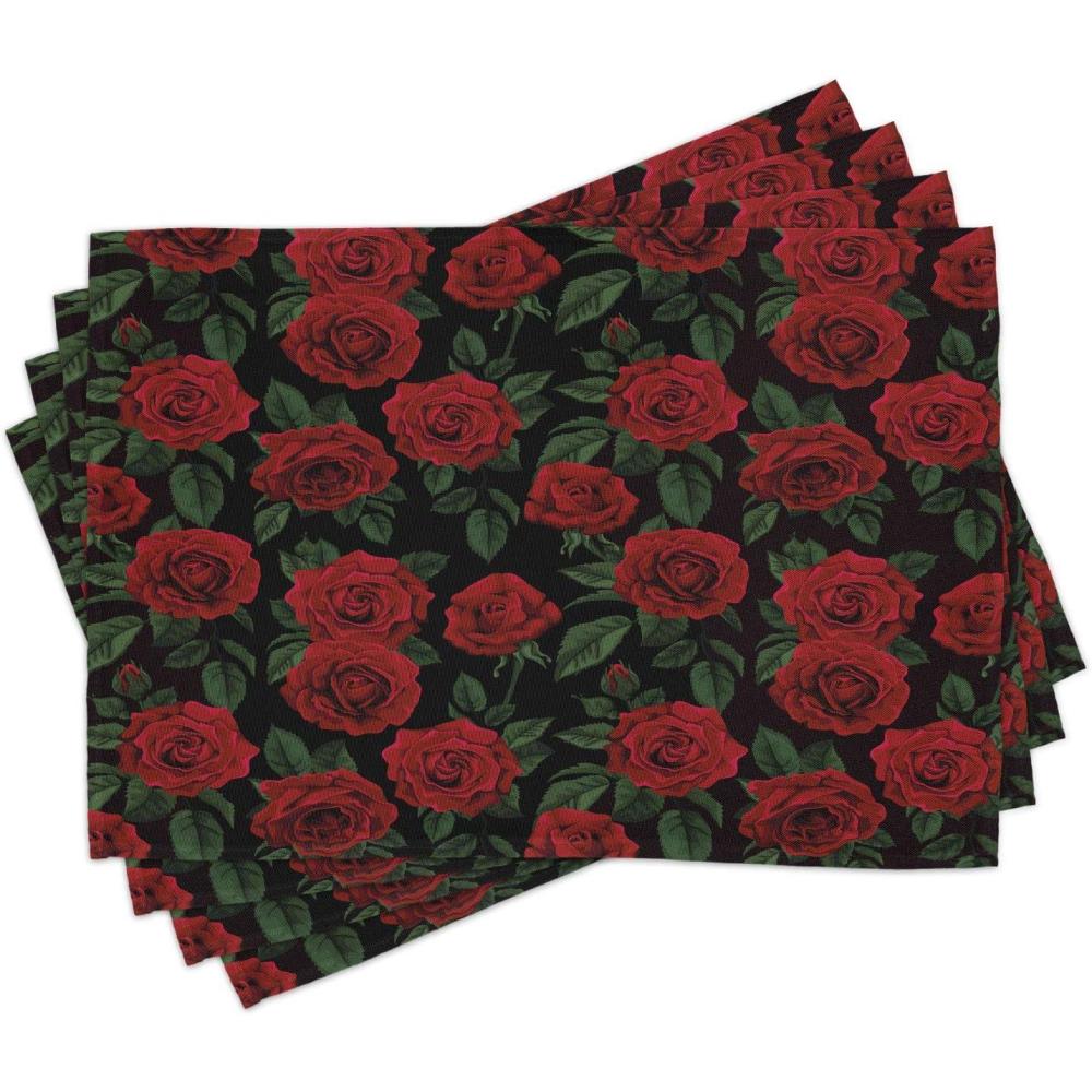 imageAmbesonne Rose Place Mats Set of 4 Valentines Day Retro Style Petals with Leaves Ornamental Growth Pattern Washable Fabric Placemats for Dining Room Kitchen Table Decor Ruby Hunter Green Black