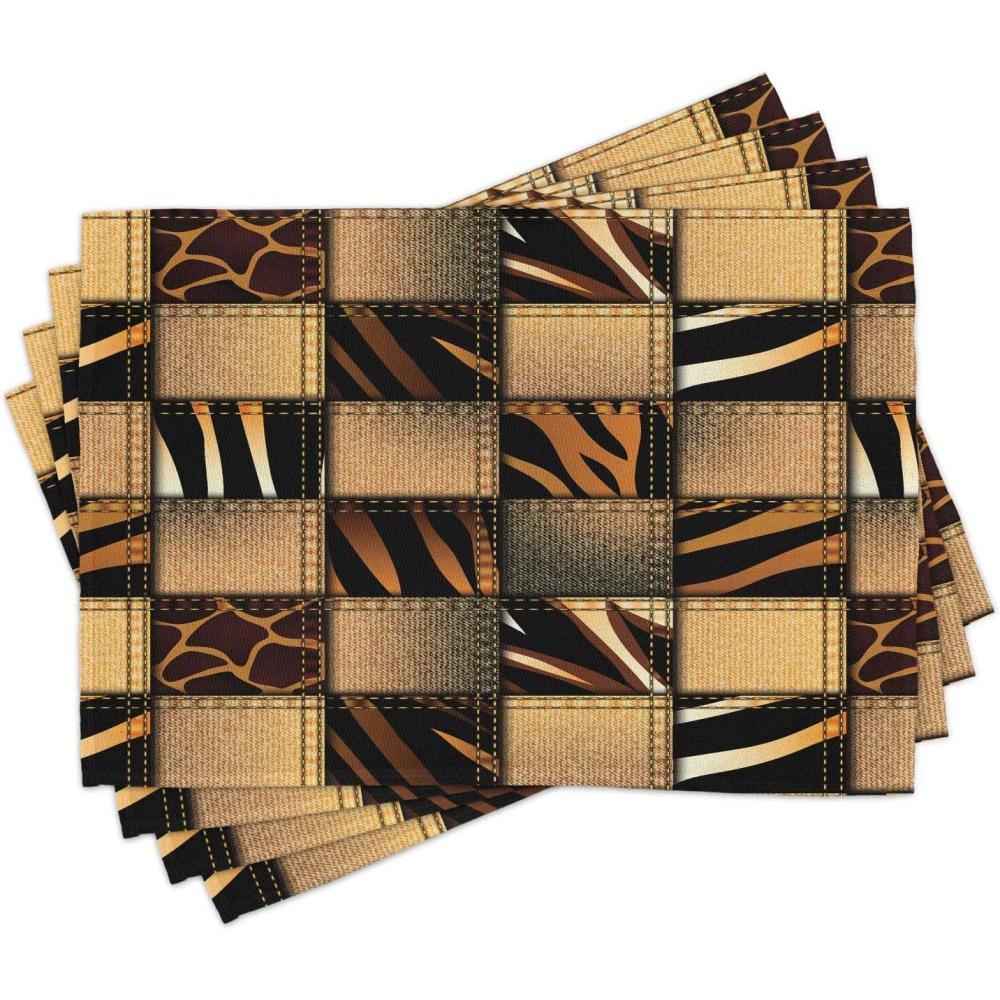 imageAmbesonne Safari Place Mats Set of 4 Jeans Denim Patchwork in Safari Style Wilderness Design Art Print Washable Fabric Placemats for Dining Table Standard Size Brown Black