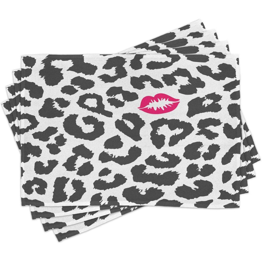 imageAmbesonne Safari Place Mats Set of 4 Leopard Cheetah Animal Print Kiss Shape Lipstick Mark Dotted Trend Art Washable Fabric Placemats for Dining Table Standard Size Black Pink