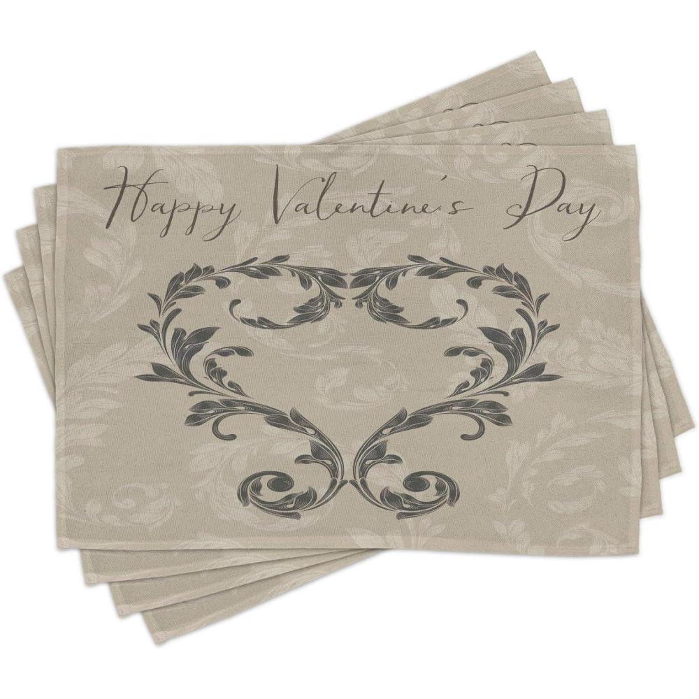 imageAmbesonne Taupe Place Mats Set of 4 Happy Valentines Day Hand Writing Laurel Leaves Forming a Heart Victorian Washable Fabric Placemats for Dining Table Standard Size Taupe Tan