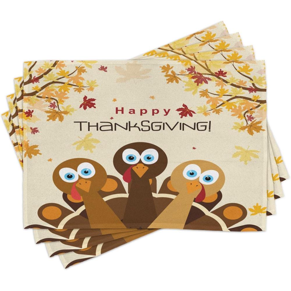 imageAmbesonne Turkey Place Mats Set of 4 Happy Thanksgiving Falling Leaves and Poultry Birds Harvest Time Celebration Washable Fabric Placemats for Dining Table Standard Size Brown Cream