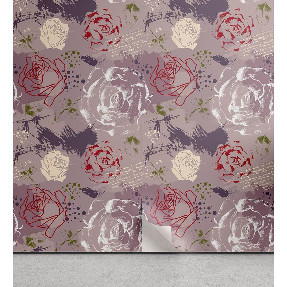 imageAmbesonne Valentine Peel amp Stick Wallpaper for Home PastelColored Rose Flowers Leaves with Brush Strokes Abstract Art SelfAdhesive Living Room Kitchen Accent 13 x 100 Mauve Taupe Sage Green