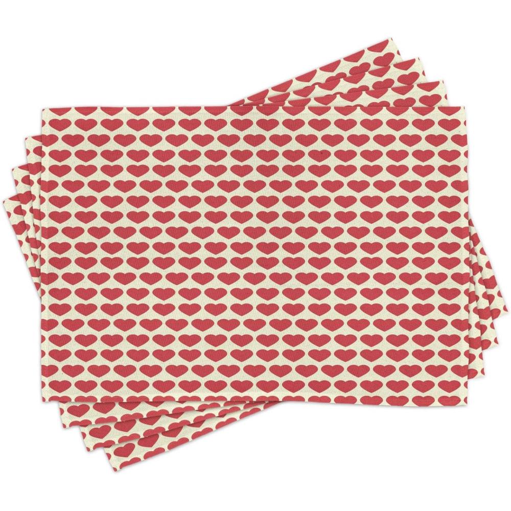 imageAmbesonne Valentine Place Mats Set of 4 Vibrant Red Colored Heart Shapes Tile Pattern Romantic in Love Theme Design Washable Fabric Placemats for Dining Room Kitchen Table Decor Ivory Dark Coral