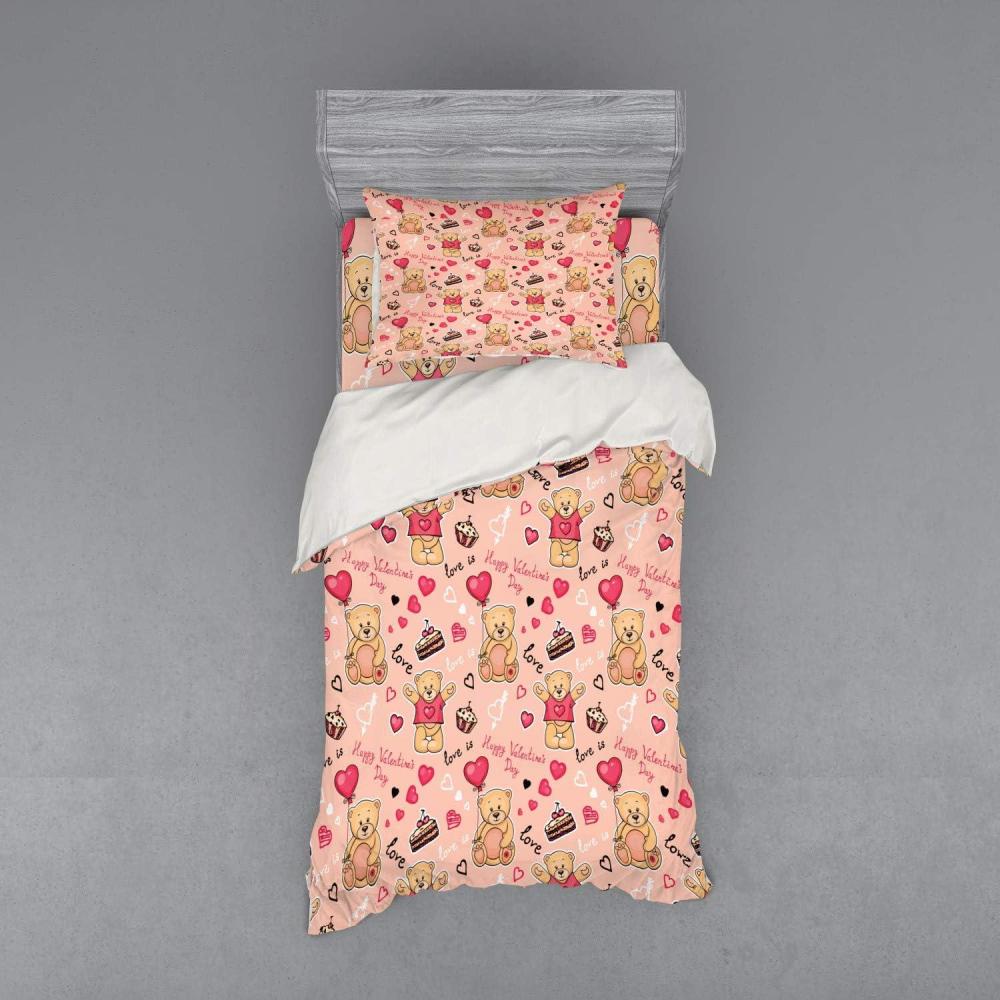 imageAmbesonne Valentines Bedding Set Teddy Bears Celebrating Your Happy Valentines Day Cakes Balloons 4 Piece Duvet Cover Set with Shams and Fitted Sheet Queen Size Coral Brown PeachCoral Brown Peach
