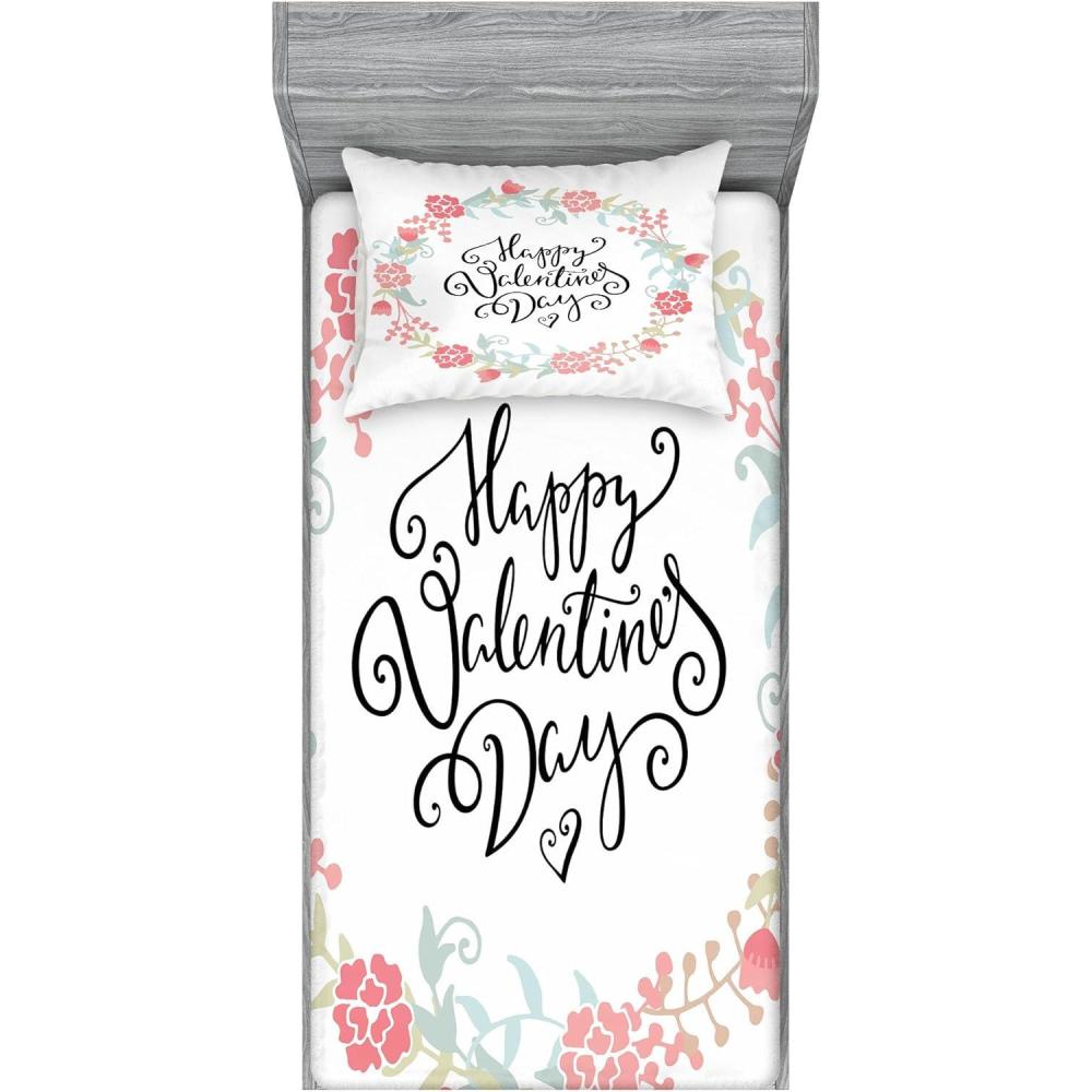imageAmbesonne Valentines Day Fitted Sheet amp Pillow Sham Set Floral Flowers Buds Roses Tulips Circled Frame Valentine Hearts Decorative Printed 2 Piece Bedding Decor Set Twinxl White and Black