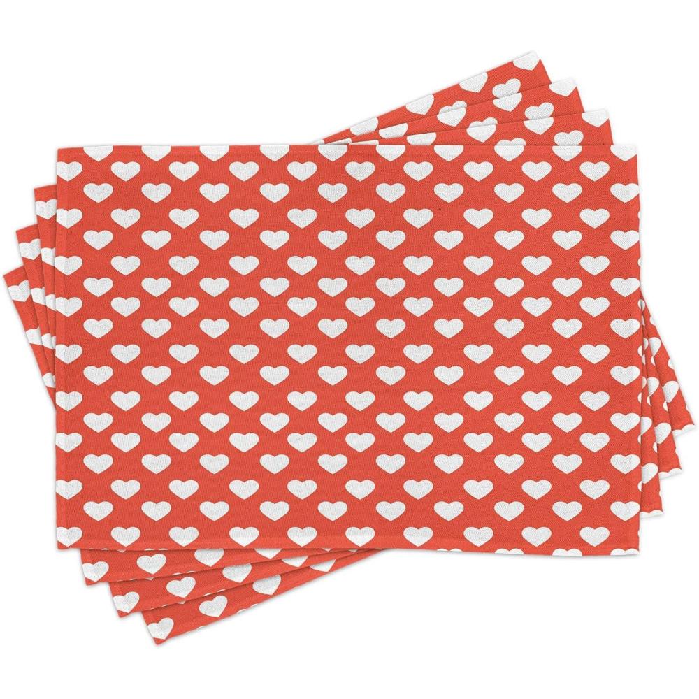 imageAmbesonne Valentines Day Place Mats Set of 4 White Hearts on Vibrant Background Love Pattern for Romantic Couples Washable Fabric Placemats for Dining Room Kitchen Table Decor Vermilion White