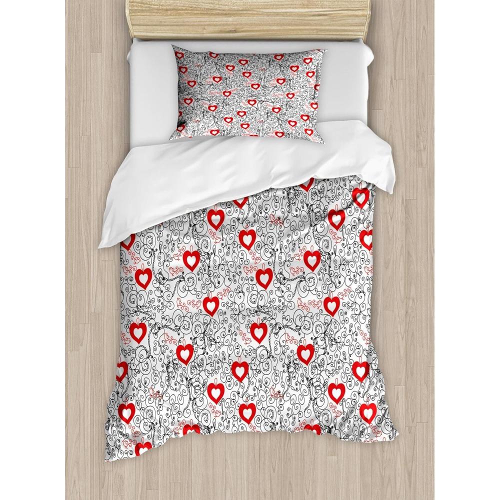 imageAmbesonne Valentines Duvet Cover Set Romantic Abstract Pattern with Hearts Birds and Swirled Lines Decorative 2 Piece Bedding Set with 1 Pillow Sham Twin Size Vermilion and Black