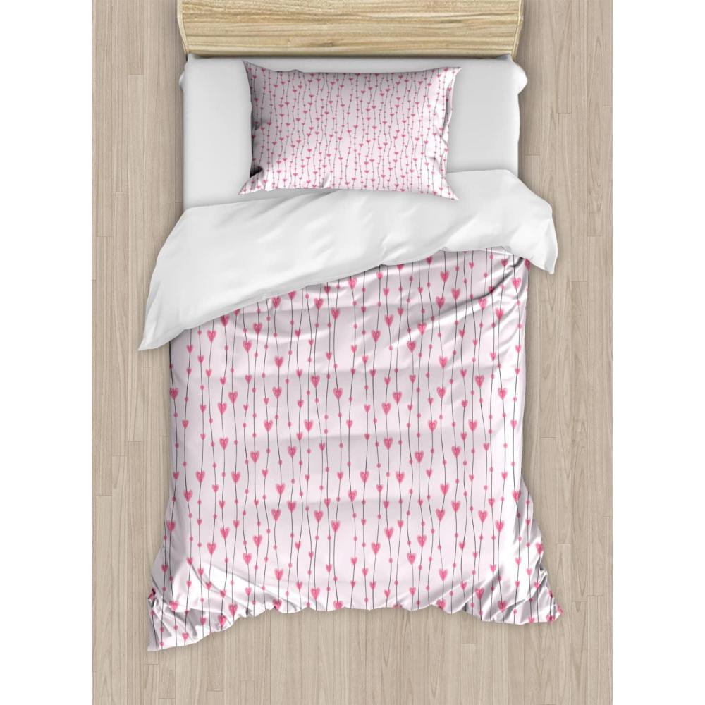 imageAmbesonne Vintage Valentine Duvet Cover Sets Hearts and Rounds on Curvilinear Lines Bedding Set with 2 Duvet Covers amp 2 Pillowcases 2 Pack Twin Size Pale Pink Pink