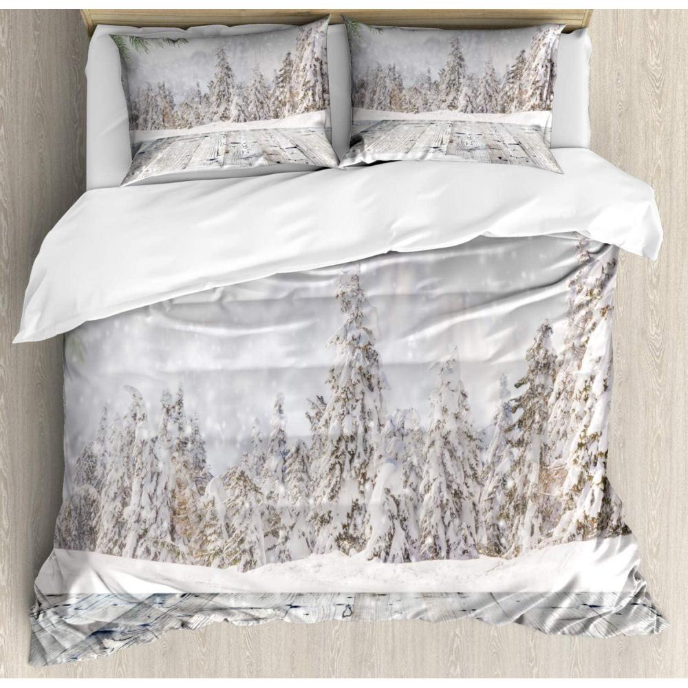 imageAmbesonne Winter Duvet Cover Sets Abstract Christmas Theme Snow Covered Forest and Wooden Surface Image Bedding Set with 2 Duvet Covers amp 4 Pillowcases 2 Pack King Size Green White Beige