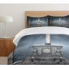 Ambesonne Christmas Duvet Cover Set, Reindeer and Snowflakes in Abstract Balls Ornament Vintage Design Paper Art Image, Decorative 3 Piece Bedding Set with 2 Pillow Shams, King Size, Beige(Blue Grey)
