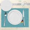 Ambesonne Llama Place Mats Set of 4, Peruvian Woman Knitting with a White Alpaca Wrapped with Flower Colorful Illustration, Washable Fabric Placemats for Dining Table, Standard Size, Sea Blue