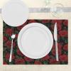 Ambesonne Rose Place Mats Set of 4, Valentine’s Day Retro Style Petals with Leaves Ornamental Growth Pattern, Washable Fabric Placemats for Dining Room Kitchen Table Decor, Ruby Hunter Green Black