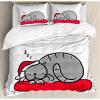 Ambesonne Christmas Duvet Cover Set, Cat with Santa Claus Hat Whiskers on The Pillow Winter Night Cartoon Artwork, Decorative 3 Piece Bedding Set with 2 Pillow Shams, Queen Size, White Red Grey