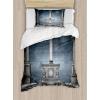 Ambesonne Christmas Duvet Cover Set, Reindeer and Snowflakes in Abstract Balls Ornament Vintage Design Paper Art Image, Decorative 3 Piece Bedding Set with 2 Pillow Shams, King Size, Beige(Blue Grey)