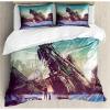 Ambesonne Christmas Duvet Cover Set, Reindeer and Snowflakes in Abstract Balls Ornament Vintage Design Paper Art Image, Decorative 3 Piece Bedding Set with 2 Pillow Shams, King Size, Beige(Blue Green)