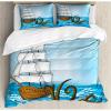 Ambesonne Christmas Duvet Cover Set, Reindeer and Snowflakes in Abstract Balls Ornament Vintage Design Paper Art Image, Decorative 3 Piece Bedding Set with 2 Pillow Shams, King Size, Beige(Blue Brown)