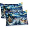 Ambesonne Christmas Pillow Sham Set of 2, Starry Night with Snowy Roof Houses and Xmas Tress Paint Print, Quality Microfiber Bedding Item for All Seasons, 26″ x 20″, Blue Evergreen and Mustard
