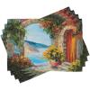 Ambesonne Romantic Place Mats Set of 4, View from Italian Old Stone House Hills Painting Style Look Vine Leaves Flower, Washable Fabric Placemats for Dining Table, Standard Size, Multicolor