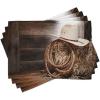 Ambesonne Western Place Mats Set of 4, American West Rodeo Hat Traditional Ranching Robe on Wooden Ground Folk Art Photo, Washable Fabric Placemats for Dining Table, Standard Size, Brown