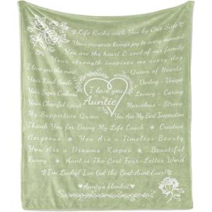 Ambesonne Aunt Gift Blanket, Custom Best Auntie Present for Birthday & Christmas from Niece Nephew, Flannel Fleece Bed & Throw Cover Filled with Appreciation Love Words, 50″ x 70″, Jade Green(Pale Green)