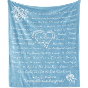 Ambesonne Aunt Gift Blanket, Custom Best Auntie Present for Birthday & Christmas from Niece Nephew, Flannel Fleece Bed & Throw Cover Filled with Appreciation Love Words, 50″ x 70″, Jade Green(Sky Blue)