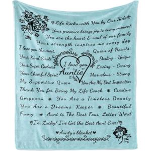 Ambesonne Aunt Gift Blanket, Custom Best Auntie Present for Birthday & Christmas from Niece Nephew, Flannel Fleece Bed & Throw Cover Filled with Appreciation Love Words, 50″ x 70″, Jade Green(Pale Blue)
