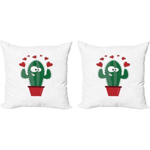 Ambesonne Cactus Decorative Throw Pillow Case Pack of 2, Funny Cartoon Lover in a Pot with Romantic Hearts Valentine’s Day, Couch Bedroom Living Room Cushion Cover, 18″, Jade Green and Dark Pink