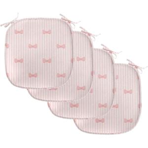 Ambesonne Cartoon Chair Seating Cushion Set of 4, Vertical Stripes with Bow Ties Pale Palette Illustration Valentines Day, Anti-Slip Seat Padding for Kitchen & Patio, 16″x16″, Pale Pink Rose