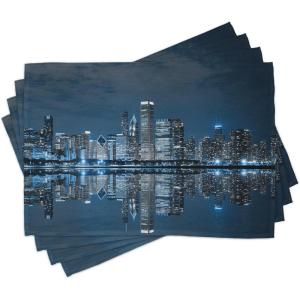 Ambesonne Chicago Skyline Place Mats Set of 4, Sleeping City Dramatic Urban Resting Popular American Lake Picture, Washable Fabric Placemats for Dining Table, Standard Size, Dark Blue