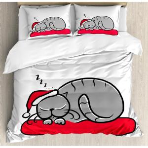 Ambesonne Christmas Duvet Cover Set, Cat with Santa Claus Hat Whiskers on The Pillow Winter Night Cartoon Artwork, Decorative 3 Piece Bedding Set with 2 Pillow Shams, Queen Size, White Red Grey