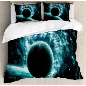 Ambesonne Christmas Duvet Cover Set, Reindeer and Snowflakes in Abstract Balls Ornament Vintage Design Paper Art Image, Decorative 3 Piece Bedding Set with 2 Pillow Shams, King Size, Beige(Teal)
