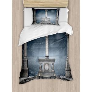 Ambesonne Christmas Duvet Cover Set, Reindeer and Snowflakes in Abstract Balls Ornament Vintage Design Paper Art Image, Decorative 3 Piece Bedding Set with 2 Pillow Shams, King Size, Beige(Blue Grey)