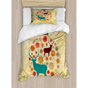 Ambesonne Christmas Duvet Cover Set, Reindeer and Snowflakes in Abstract Balls Ornament Vintage Design Paper Art Image, Decorative 3 Piece Bedding Set with 2 Pillow Shams, King Size, Beige(Beige)