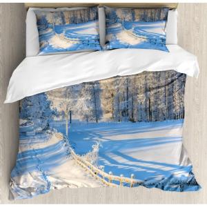 Ambesonne Christmas Duvet Cover Set, Reindeer and Snowflakes in Abstract Balls Ornament Vintage Design Paper Art Image, Decorative 3 Piece Bedding Set with 2 Pillow Shams, King Size, Beige(White Blue)