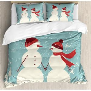 Ambesonne Christmas Duvet Cover Set, Snowman and Woman Romantic Couple in Love Holding Hands Grunge Display, Decorative 3 Piece Bedding Set with 2 Pillow Shams, Queen Size, Seafoam Red Cream