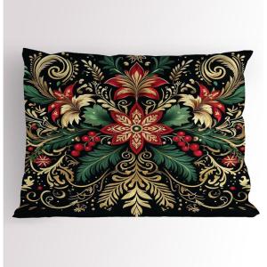 Ambesonne Christmas Pillow Sham, Black Xmas with Victorian Leaves and Flowery Huddle Snowflake Details, Decorative Standard Size Printed Pillowcase, 26″ X 20″, Dark Pink Green Khaki