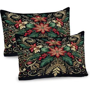 Ambesonne Christmas Pillow Sham Set of 2, Black Xmas with Victorian Leaves and Flowery Huddle Snowflake Details, Quality Microfiber Bedding Item for All Seasons, 30″ x 20″, Dark Pink Green Khaki