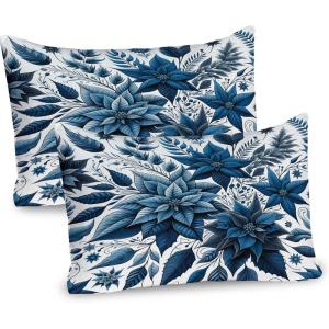 Ambesonne Christmas Pillow Sham Set of 2, Monochromatic Poinsettia Flowers Xmas Theme Illustration Print, Quality Microfiber Bedding Item for All Seasons, 36″ x 20″, Night Blue and Dark Sky Blue