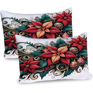 Ambesonne Christmas Pillow Sham Set of 2, Poinsettia Xmas Flowers with Ornate Globes Illustration Print, Quality Microfiber Bedding Item for All Seasons, 36″ x 20″, Hot Pink Forest Green and Tan
