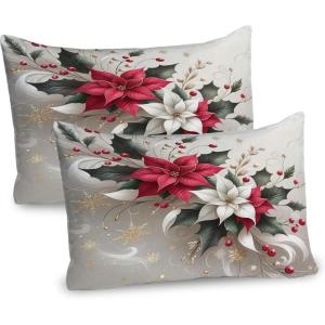 Ambesonne Christmas Pillow Sham Set of 2, Traditional Xmas with Poinsettia Flowers Ornate and Snowflakes, Quality Microfiber Bedding Item for All Seasons, 26″ x 20″, Pale Vermilion and Grey Teal
