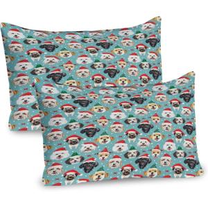 Ambesonne Christmas Pillow Sham Set of 2, Whimsical Happy Dogs and Puppies with Santa’s Hat Illustration Print, Quality Microfiber Bedding Item for All Seasons, 26″ x 20″, Seafoam Vermilion Green