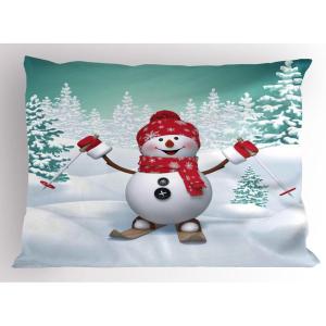 Ambesonne Christmas Pillow Sham, Snow Covered Mountain with Fir Trees and Skiing Snowman Fun Holiday Activity, Decorative Standard King Size Printed Pillowcase, 36″ X 20″, White Teal