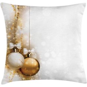 Ambesonne Christmas Throw Pillow Cushion Cover, Featured Xmas Baubles with Ribbon Holiday Wish Artwork Image Illustration, Decorative Square Accent Pillow Case, 18″ X 18″, White and Beige