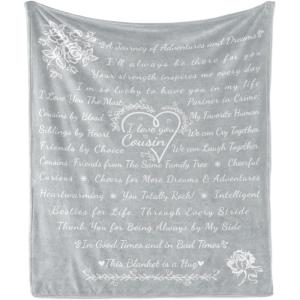Ambesonne Cousin Gift Blanket, Custom Gift Idea for Women & Men Christmas Birthday Present Male Female, Flannel Fleece Bed & Throw Cover Filled with Appreciation Love Words, 50″ x 70″, Black(Pale Grey)