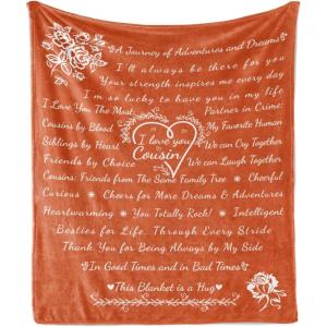 Ambesonne Cousin Gift Blanket, Custom Gift Idea for Women & Men Christmas Birthday Present Male Female, Flannel Fleece Bed & Throw Cover Filled with Appreciation Love Words, 50″ x 70″, Black(Burnt Orange)