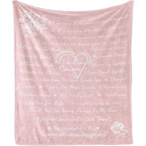 Ambesonne Cousin Gift Blanket, Custom Gift Idea for Women & Men Christmas Birthday Present Male Female, Flannel Fleece Bed & Throw Cover Filled with Appreciation Love Words, 50″ x 70″, Black(Blush)