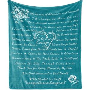 Ambesonne Cousin Gift Blanket, Custom Gift Idea for Women & Men Christmas Birthday Present Male Female, Flannel Fleece Bed & Throw Cover Filled with Appreciation Love Words, 50″ x 70″, Black(Teal)