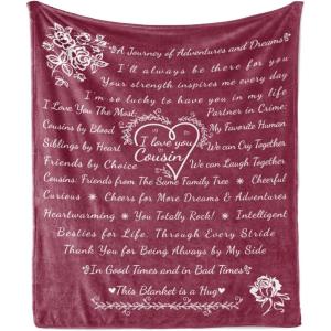 Ambesonne Cousin Gift Blanket, Custom Gift Idea for Women & Men Christmas Birthday Present Male Female, Flannel Fleece Bed & Throw Cover Filled with Appreciation Love Words, 50″ x 70″, Black(Raspberry)